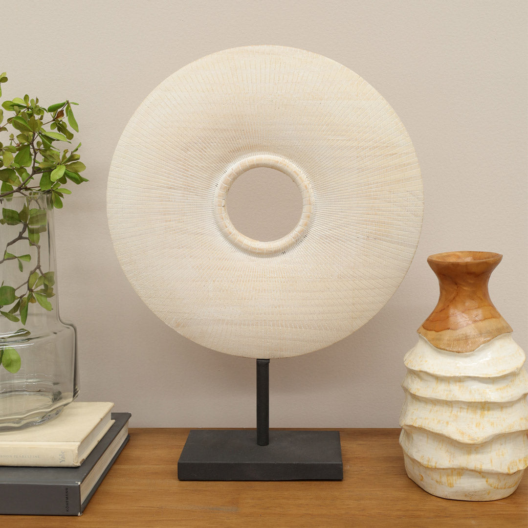 Escultura Decorativa Disco con Base en Madera y Metal