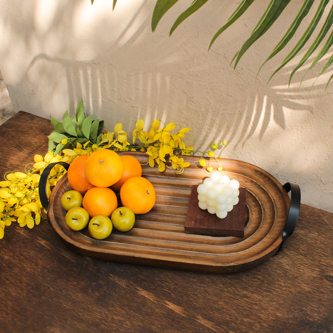 Charola Decorativa Oval de Madera con Asas.